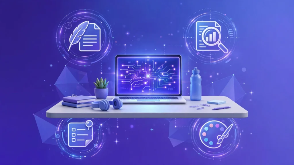 Illustration of free AI tools helping students study, write, and design
